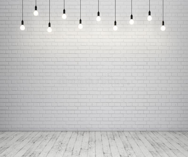 Muro di mattoni dipinto e pavimento di legno con le lampadine d'ardore illustrazione vettoriale