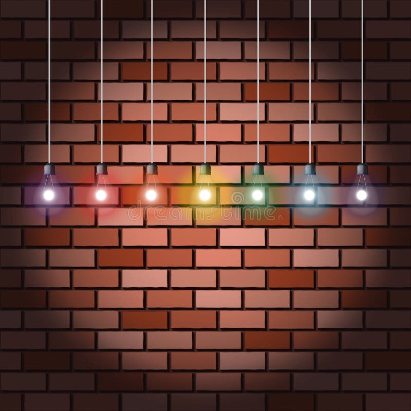 Party rainbow light bulbs on brick wall background. Party rainbow light bulbs on brick wall background