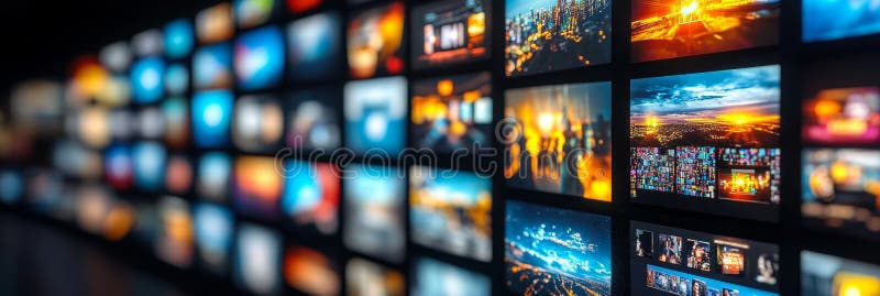 Muro di schermi per la televisione che visualizza diversi contenuti concetto di intrattenimento immersivo illustrazione vettoriale