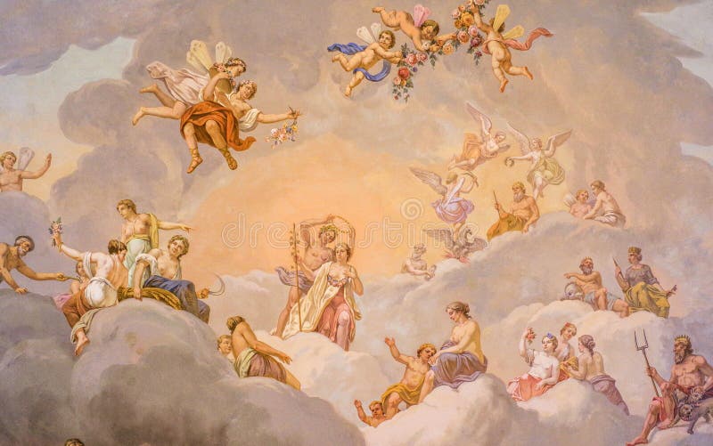 Religious wall painting with group of saints. Assumption of the Virgin Mary. All the saints and archangels. Suitable for painting, murals, wall picture, or for site. Religious wall painting with group of saints. Assumption of the Virgin Mary. All the saints and archangels. Suitable for painting, murals, wall picture, or for site.