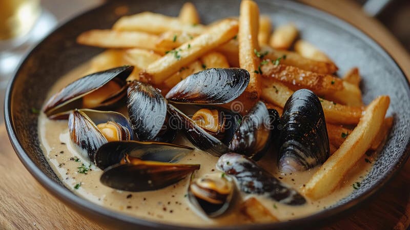 Muscheln in cremiger Sauce mit Pommes frites auf einem dunklen Teller stock abbildung