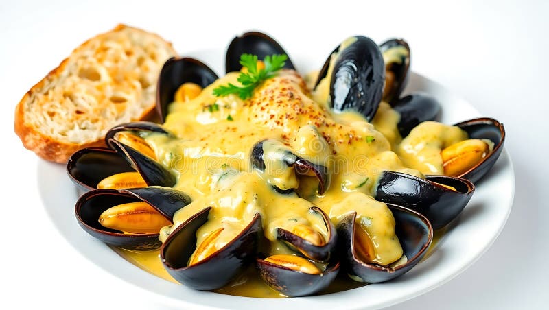 Muscheln in cremiger Soße mit einer Scheibe Brot lizenzfreie abbildung