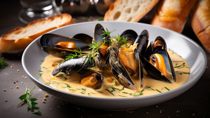 Muscheln in einer cremigen Sauce mit köstlichem Brot. Muscheln in einer cremigen Sauce mit köstlichen Brot ai generierten Bild