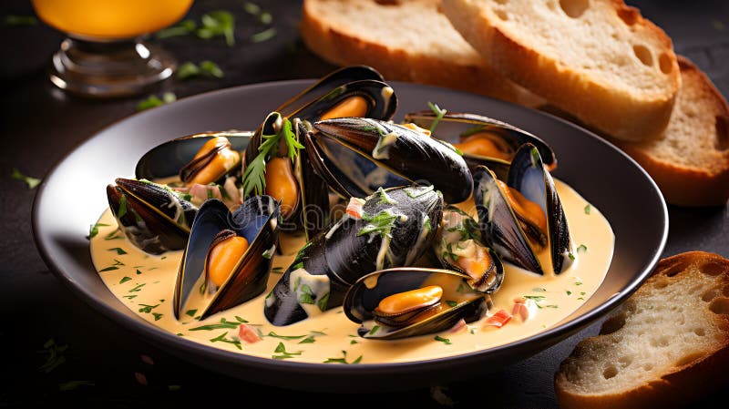 Muscheln in einer cremigen Sauce mit köstlichem Brot vektor abbildung