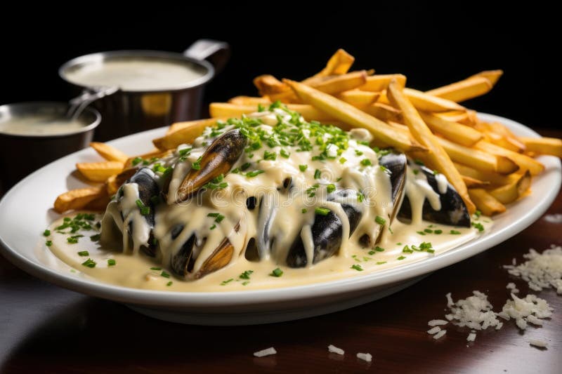 Muscheln in einer cremigen Sauce mit Pommes frites lizenzfreie abbildung