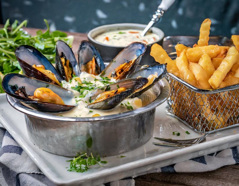 Muschelteller mit cremiger Soße und Pommes frites stock abbildung
