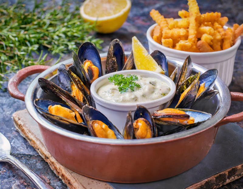Muschelteller mit cremiger Soße und Pommes frites vektor abbildung