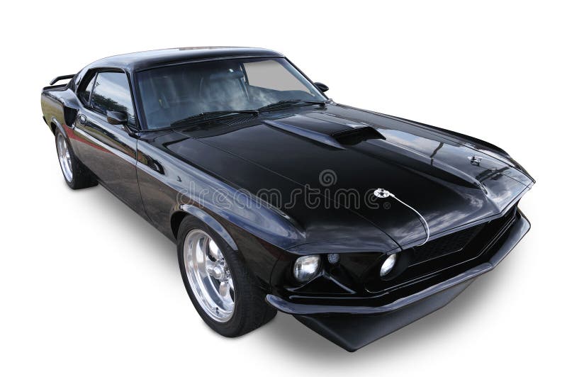 Classic black muscle car isolated on white with clipping path around car excluding shadow