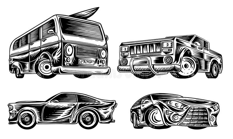 Muscle cars and vintage transports. Set of retro old school van and auto service. Collection of classic roadster. Engraved hand drawn sketch. Business class and sports motor vehicle