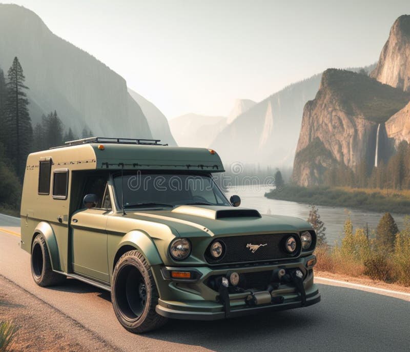 Muscle gt classique américain mustang voiture classique vintage van camper conversion vie nomade week-end illustration de vecteur