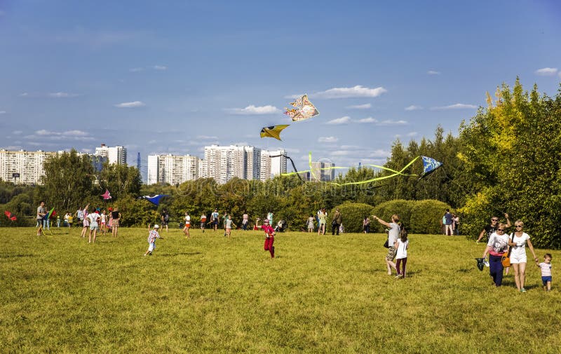 Muscovites fly kites in Tsaritsyno Park on a summer day, Moscow, Russia