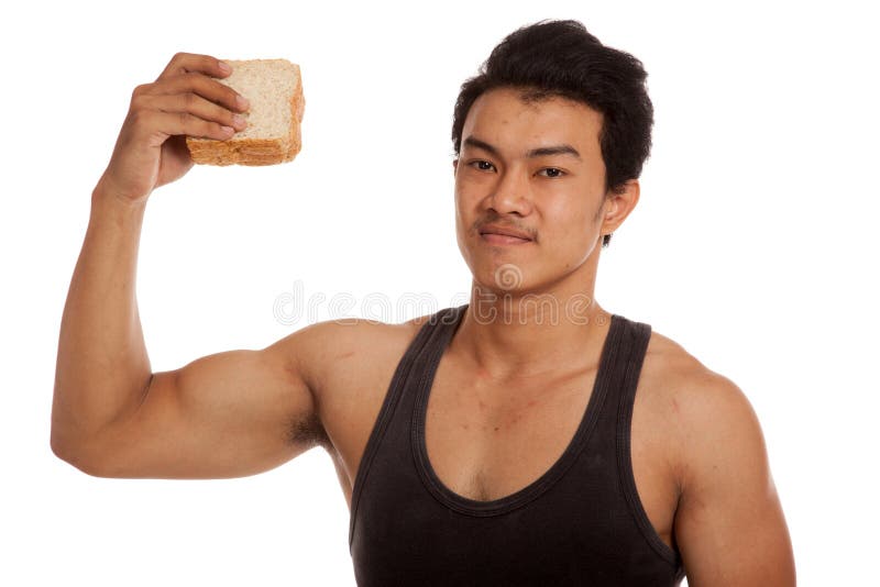 Muscular Asian Man Eat Bread Stock Photo Image of attractive