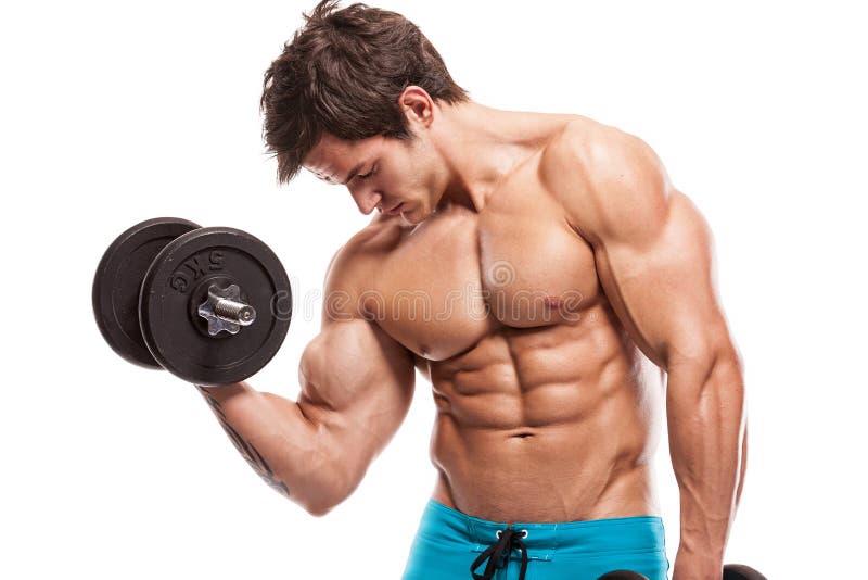 Muscular bodybuilder guy doing exercises with dumbbells isolated over white background