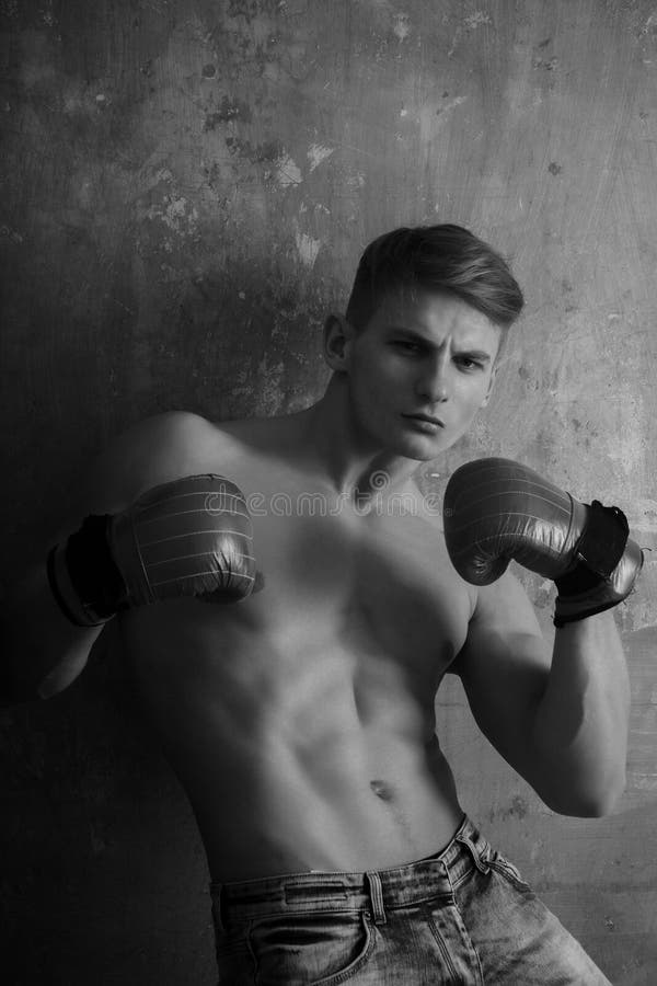 Muscular Boxer in Red Boxing Gloves Stock Photo - Image of energetic ...