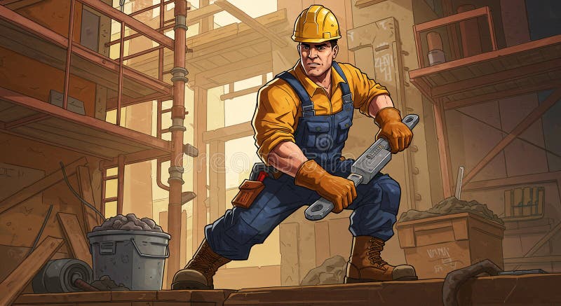 A muscular construction worker in protective gear including a yellow hard hat a muscular construction worker in protective gear stock illustratie