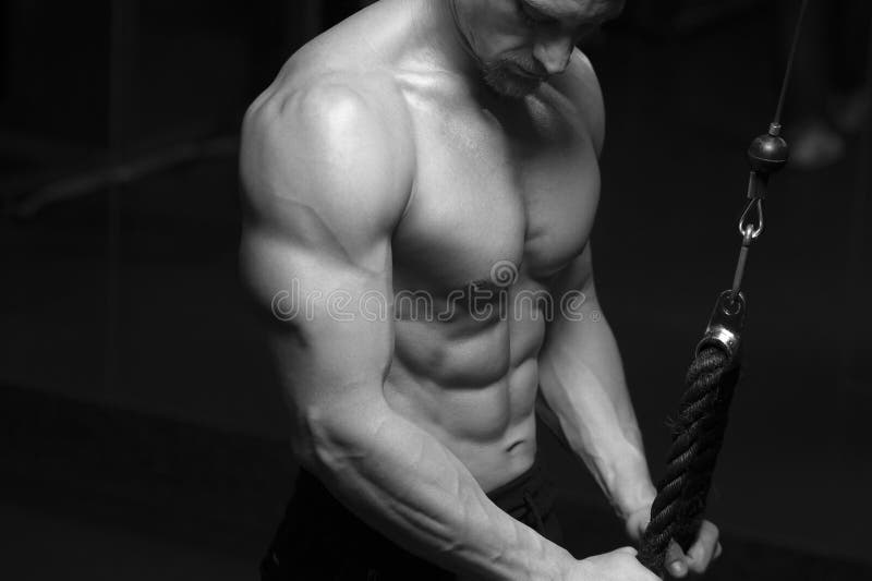 Muscular male bodybuilder doing triceps exercise