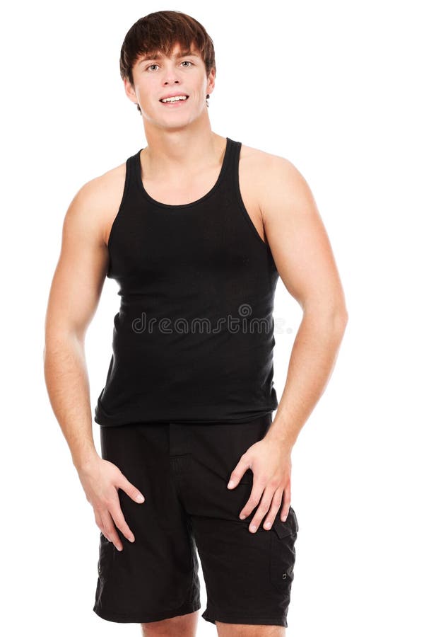 Handsome Guy in Tank Top and Leggings on White Background . Stylish ...
