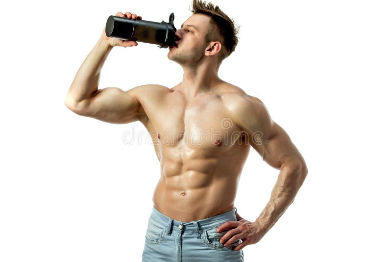 Muscular Man with Protein Drink in Shaker Stock Image Image of