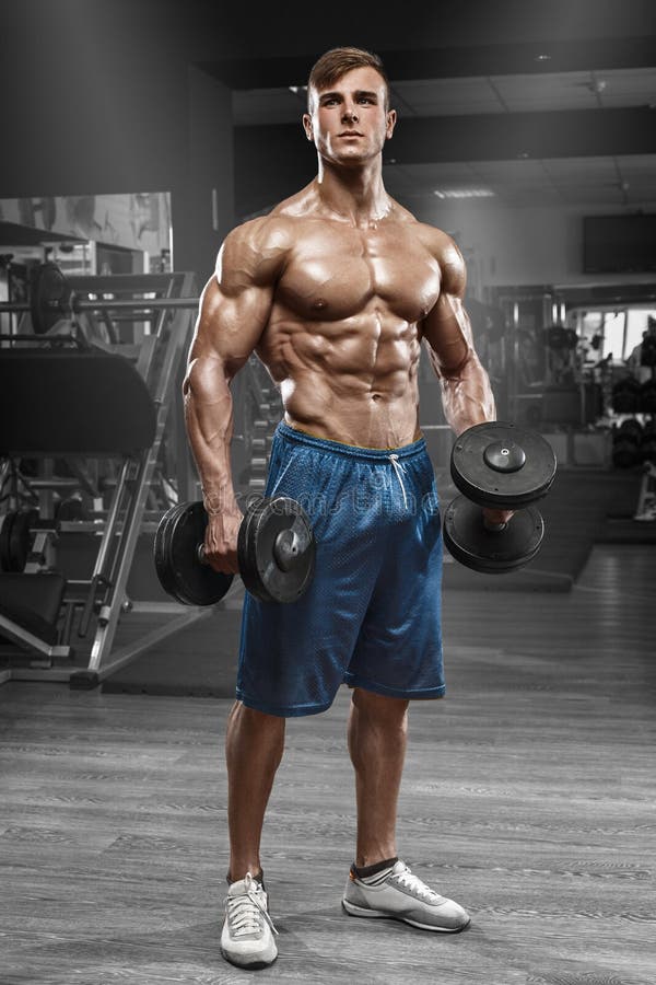 Muscular Man In Gym, Shaped Abdominal. Strong Male Naked 