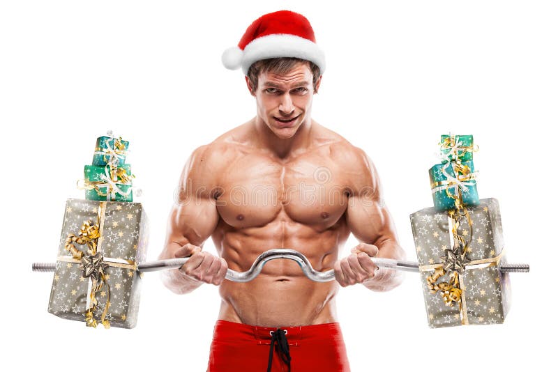 Muscular Santa Claus Doing Exercises with Gifts Over White Background Stock  Image - Image of background, birthday: 47889795