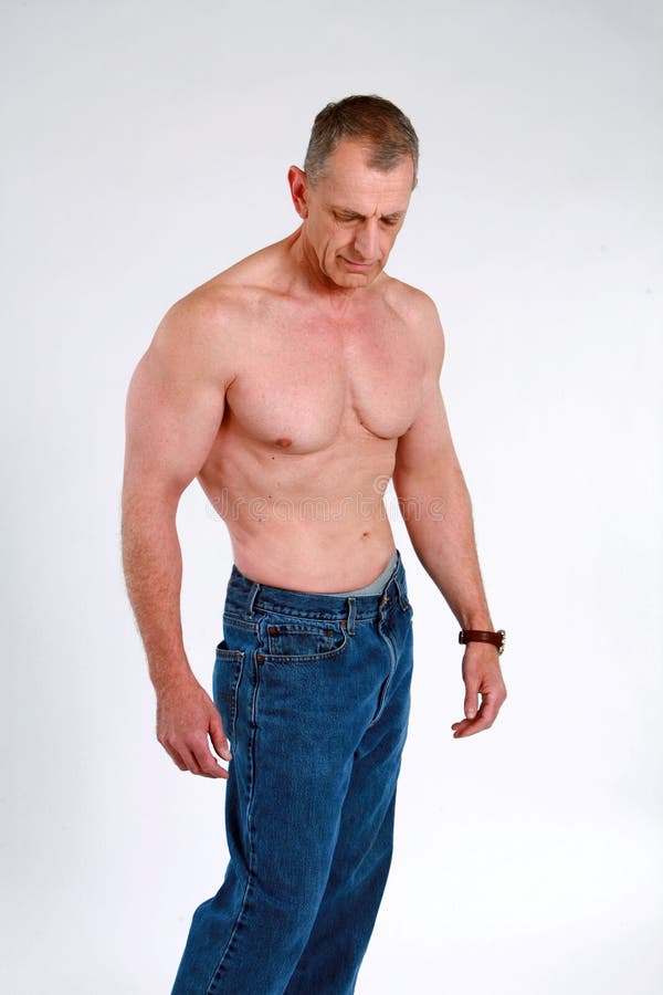 Muscular shirtless older man stock images.