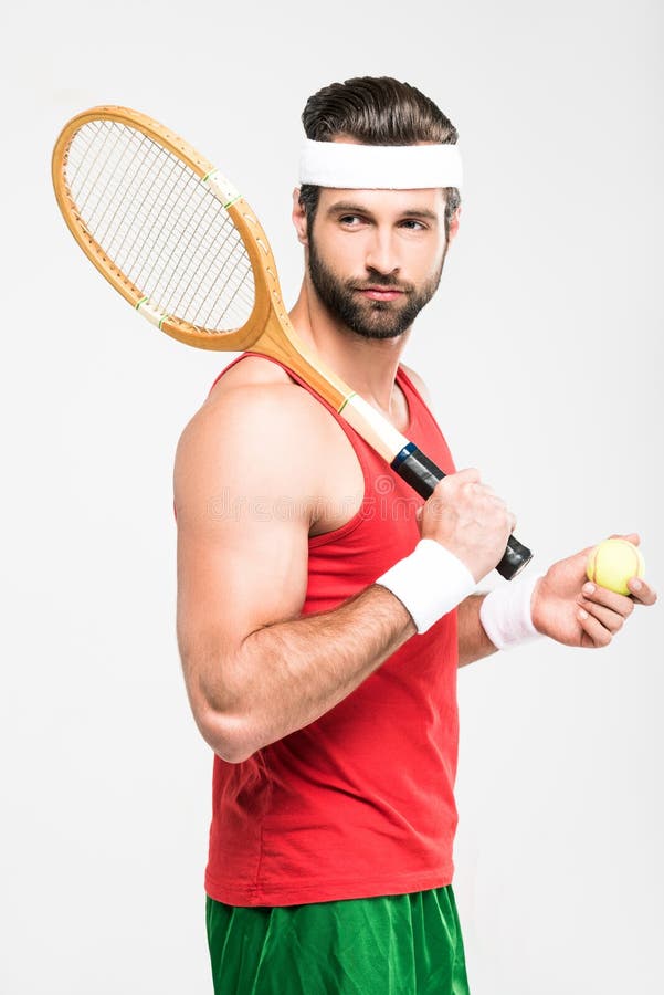 Muscular Tennis Player Holding Retro Wooden Racket and Ball, Stock ...