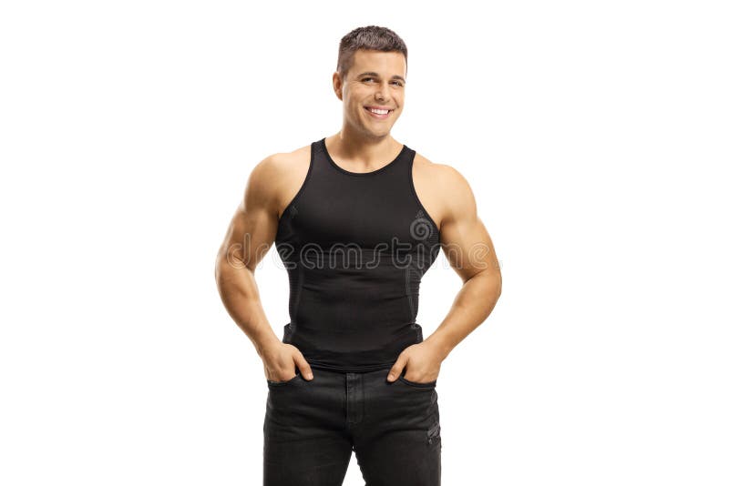 Muscular young man in a black sleeveless top smiling at camera