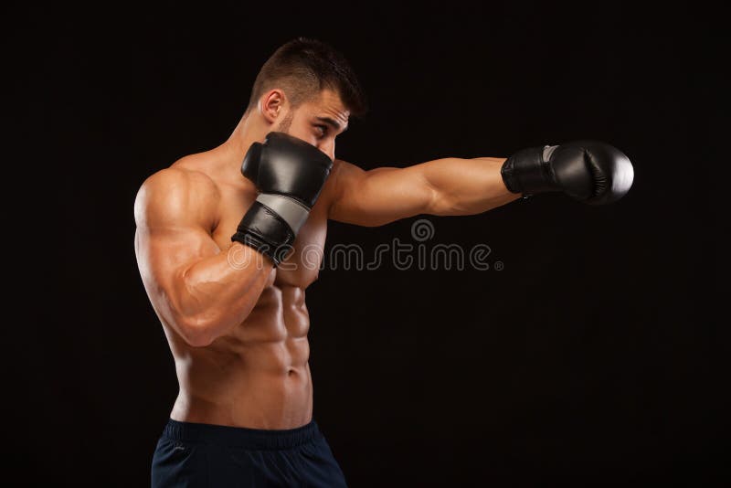 Muscular Young Man with Perfect Torso with Six Pack Abs, in Boxing ...