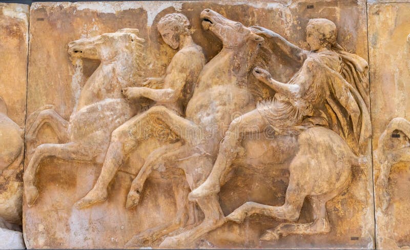 Men Horses Panel Parthenon Acropolis Athens Greece. Parthenon created 438 BC and is symbol of ancient Greece. Panels top Parthenon now Acropolis Museum. Men Horses Panel Parthenon Acropolis Athens Greece. Parthenon created 438 BC and is symbol of ancient Greece. Panels top Parthenon now Acropolis Museum.