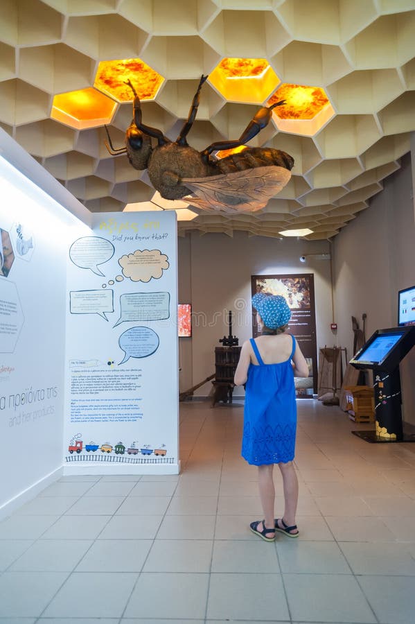 Museo de la abeja en el pueblo de Pastida Grecia 30/05/2018 6 años de la muchacha están aprendiendo sobre la vida secreta de abej fotos de archivo Museo de la abeja en el pueblo de Pastida Grecia 30/05/2018 6 años de la muchacha están aprendiendo sobre la vida secreta de abej fotos de archivo