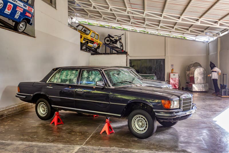 Medellin, Colombia - December 9, 2023: Car shot up of famous drug dealer Pablo Escobar in Open-air museum. Medellin, Colombia - December 9, 2023: Car shot up of famous drug dealer Pablo Escobar in Open-air museum.