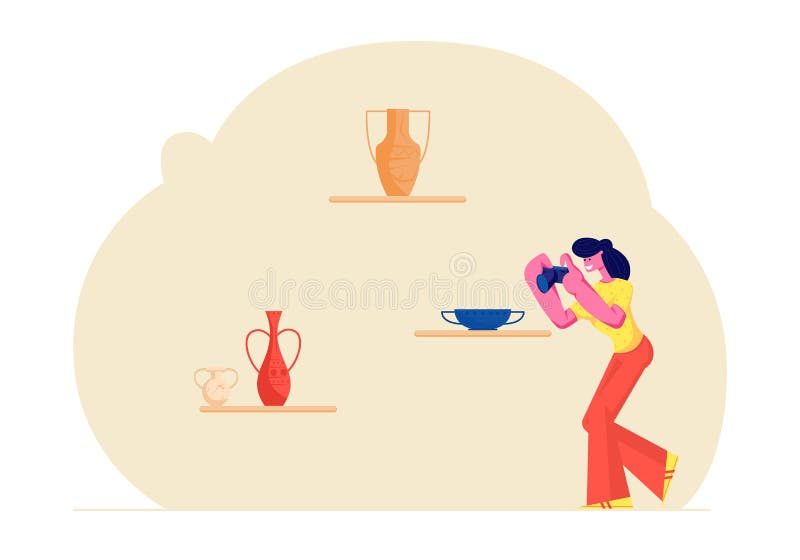 Museo que visita de la muchacha turística de la historia antigua, mirando y fotografiando los floreros viejos, en cámara de la fo stock de ilustración Museo que visita de la muchacha turística de la historia antigua, mirando y fotografiando los floreros viejos, en cámara de la fo stock de ilustración