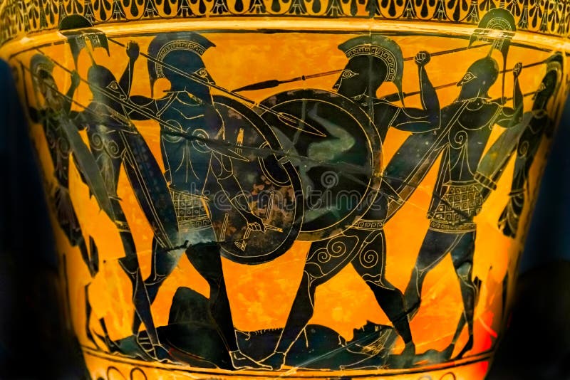 Ancient Greek Phalanx Trojan War Retrieval Patroclos Body Homer Pottery National Archaeological Museum Athens Greece. From Pharsala 510-500 BC. Ancient Greek Phalanx Trojan War Retrieval Patroclos Body Homer Pottery National Archaeological Museum Athens Greece. From Pharsala 510-500 BC
