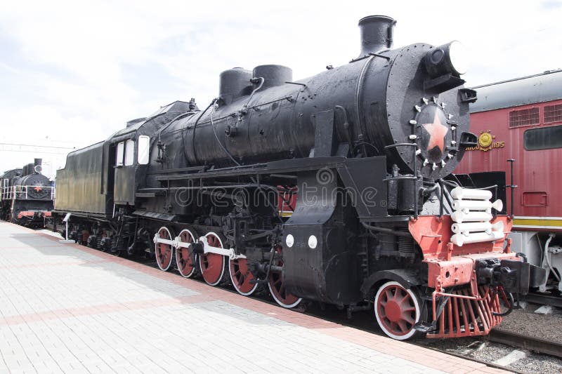 Museum for Railway Technology Novosibirsk. Old, Soviet railway locomotive, steam train. NOVOSIBIRSK, RUSSIA