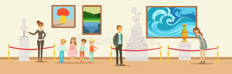 Museumbezoekers die klassiek kunstwerk bekijken, de vertellende kinderen van de museumgids over marmeren mislukking, mensen die m vector illustratie Museumbezoekers die klassiek kunstwerk bekijken, de vertellende kinderen van de museumgids over marmeren mislukking, mensen die m vector illustratie