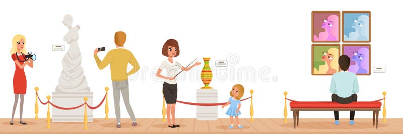 Museumbezoekers die klassiek kunstwerk bekijken, het vertellende meisje van de museumgids over tentoongestelde voorwerpen, mensen royalty-vrije illustratie Museumbezoekers die klassiek kunstwerk bekijken, het vertellende meisje van de museumgids over tentoongestelde voorwerpen, mensen royalty-vrije illustratie