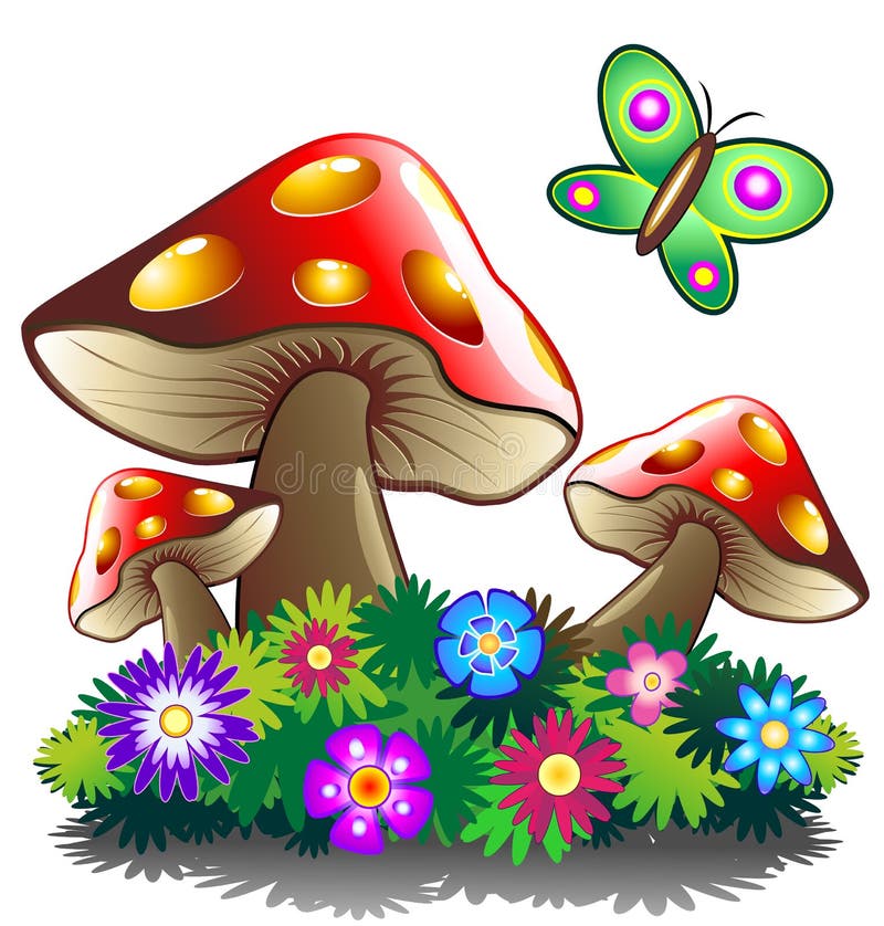 Mushroom Flowers and Butterlfy Stock Vector Illustration of nature