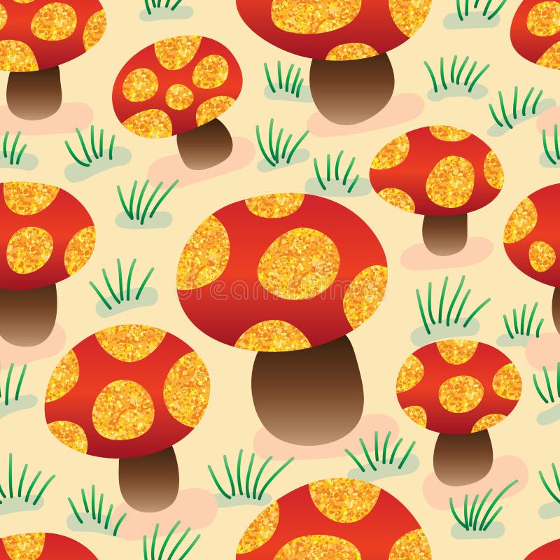 Mushroom golden glitter seamless pattern. This illustration is design mushroom with gold glitter spots in pastel background and seamless pattern stock illustration Mushroom golden glitter seamless pattern. This illustration is design mushroom with gold glitter spots in pastel background and seamless pattern stock illustration