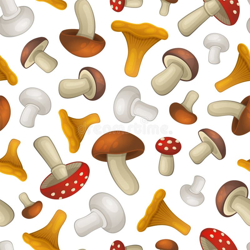 Mushroom Seamless Pattern on White Background. Vector Stock