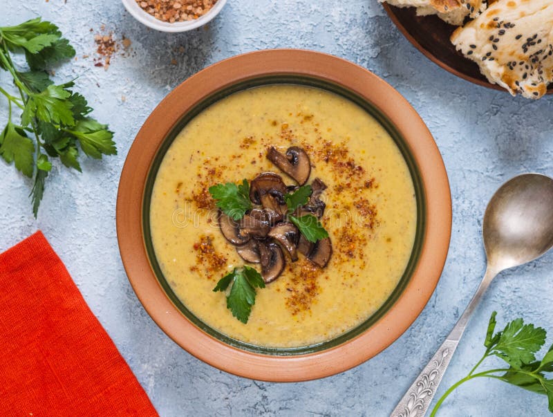 Mushroom Soup Puree with Champignons in a Brown Clay Plate on a Gray ...