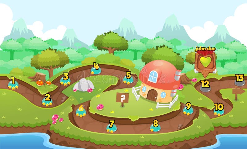 Mushroom Village Game Level Map vector illustration