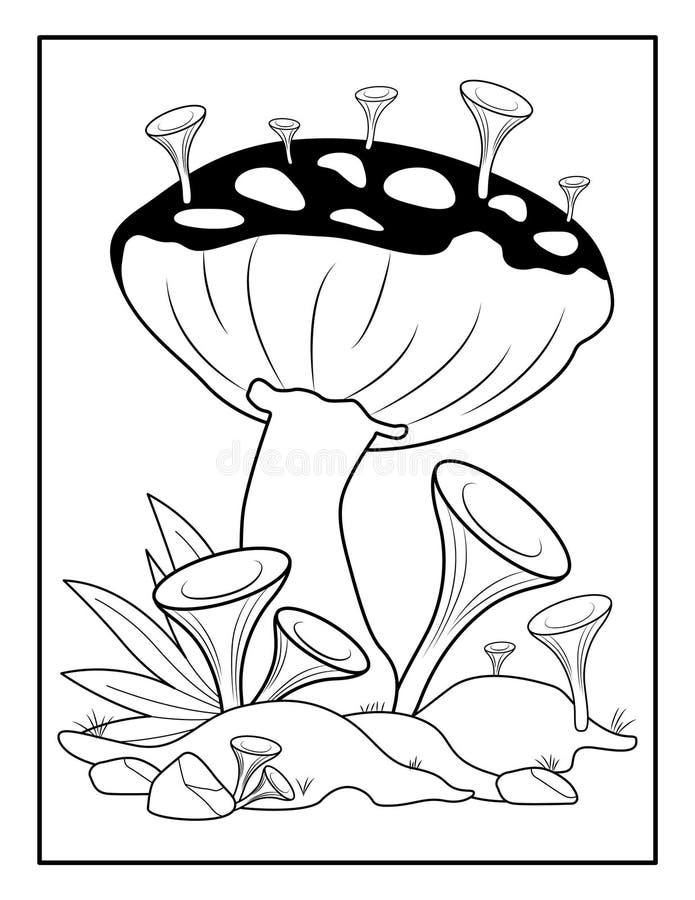 Mushroom Coloring page, Mushroom vector, Cozy coloring page, Theraphy coloring page vector illustration