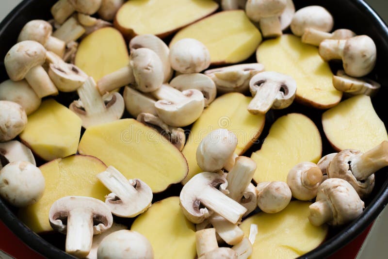 Mushrooms with Potatoes ready for grill. Bunch, mushroom.