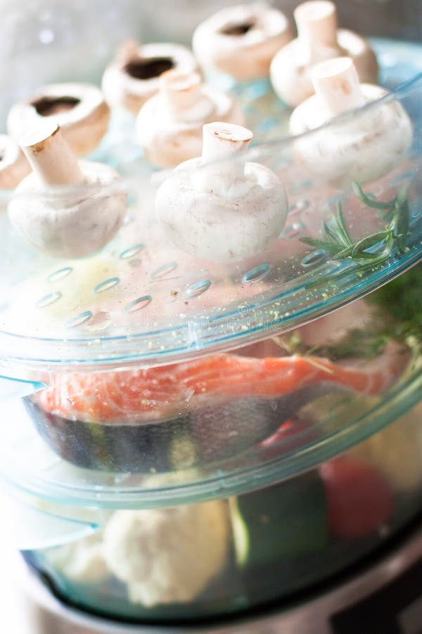 Mushrooms, and Salmon in Electric Steamer Stock Image Image of still