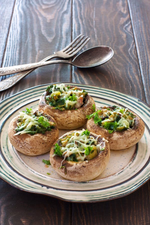 Mushrooms Stuffed with Vegetable Mince and Cheese Stock Photo - Image ...