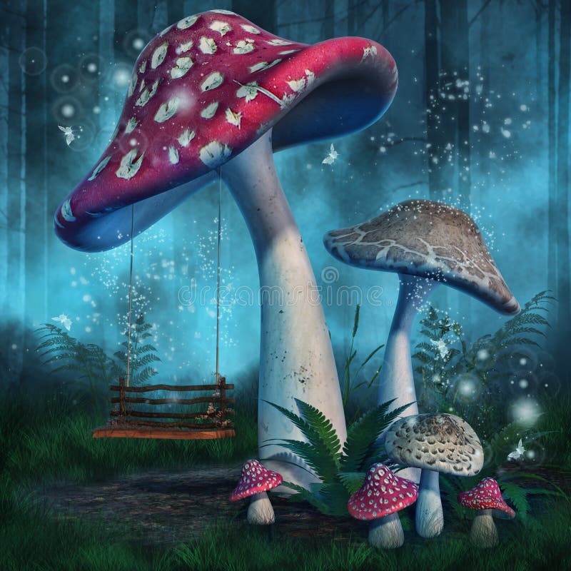 Mushrooms and a swing vector illustration