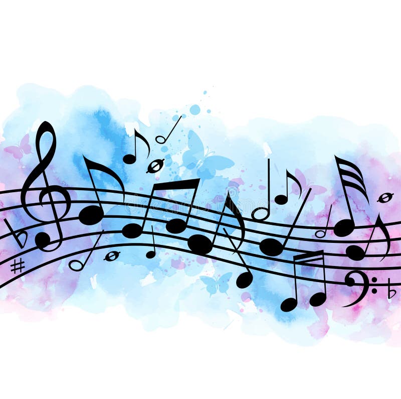 Music background with notes and blue watercolor texture vector illustration