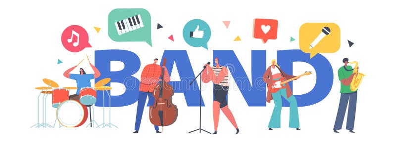 Music Band Concept. Artists with Musical Instruments Singing Rock Song, Guitar, Contrabass and Sax Player Accompany royalty free illustration