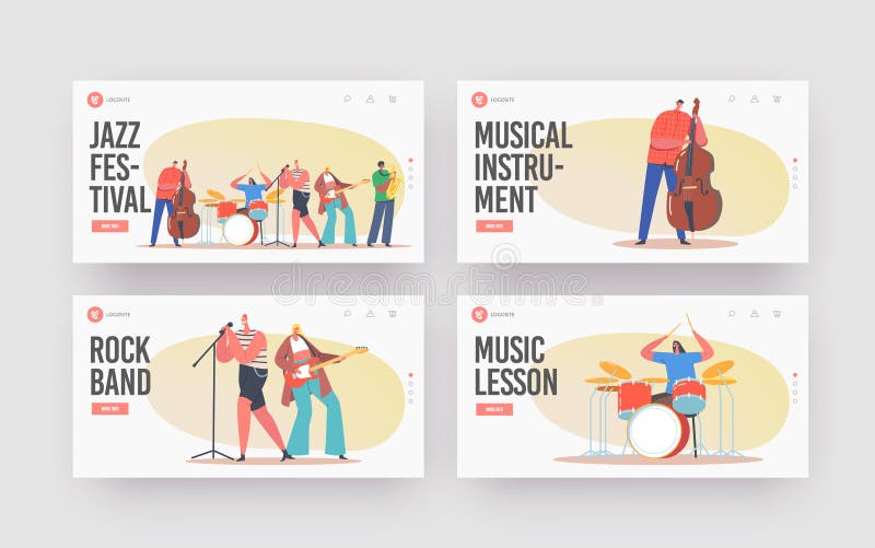 Music Band on Stage Performing Jazz Concert Landing Page Template Set. Artists with Musical Instruments Accompany stock illustration