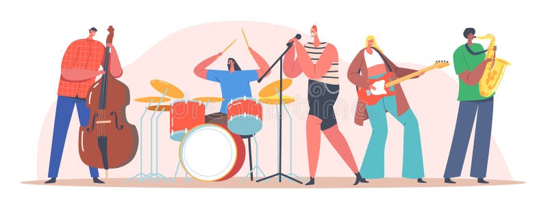 Music Band on Stage. Performing Rock Concert on Scene. Artists Characters with Musical Instruments Singing Rock Song vector illustration